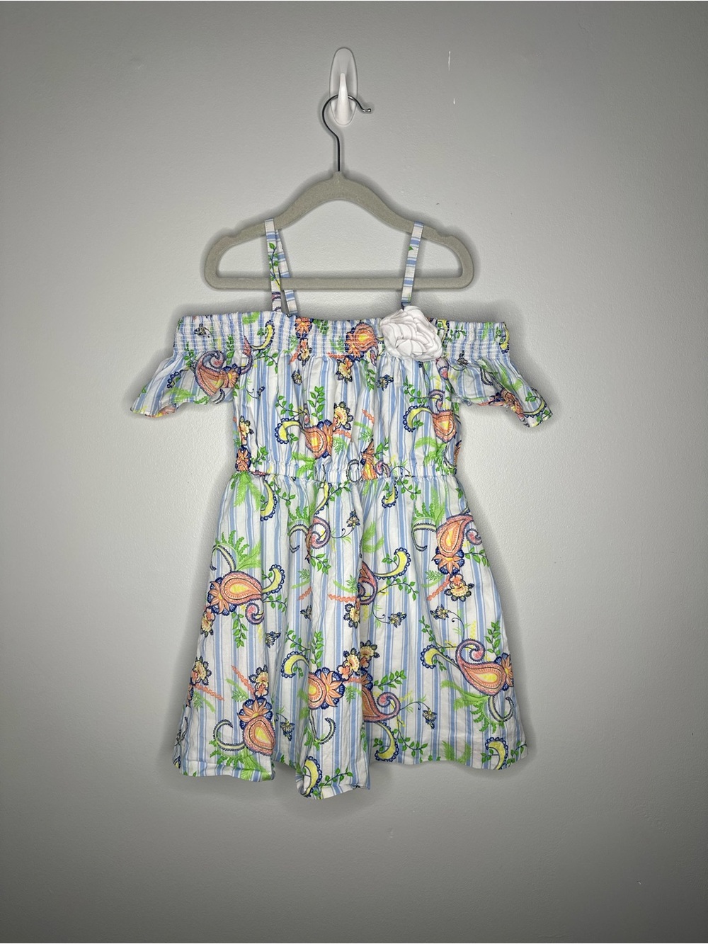 Janie and Jack Light Blue Striped Floral Off-Shoulder Dress with White Flower